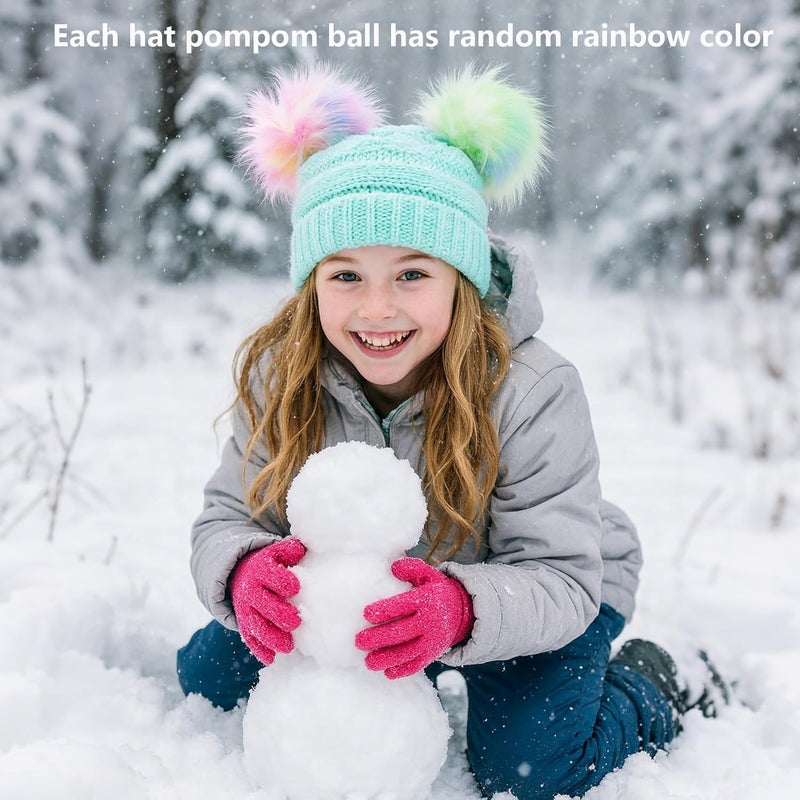 ACTLATI Kids Winter Knitted Beanie Hat Colorful Pompom Ears Ski Hat for Boy Girl(Ages 7-12) - Image 2